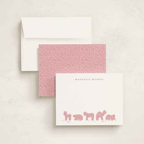 This is a pink sugar kids thank you cards notes with standard by Jennifer Postorino called animal cracker parade printing on signature in standard