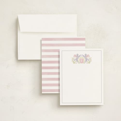 This is a blush kids thank you cards notes with standard by Masha Zimovich called unicorn crest printing on signature in standard