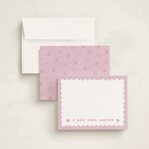 This is a cotton candy kids thank you cards notes with standard by Hooray Creative called scallop border printing on signature in standard