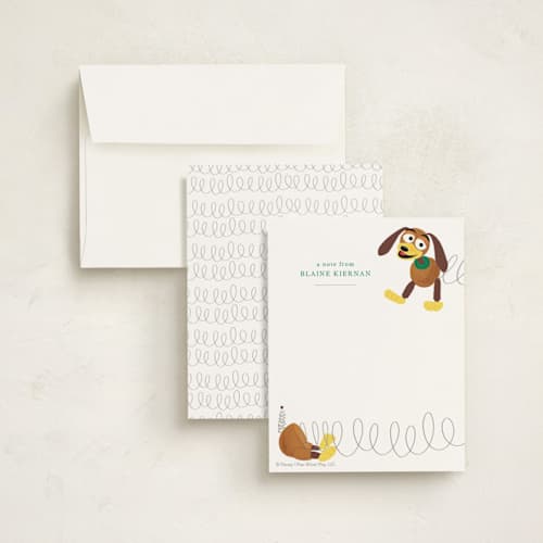 This is a cinnamon kids thank you cards notes with standard by Jackie Crawford called disney and pixar's toy story slinky dog saves the day printing on signature in standard