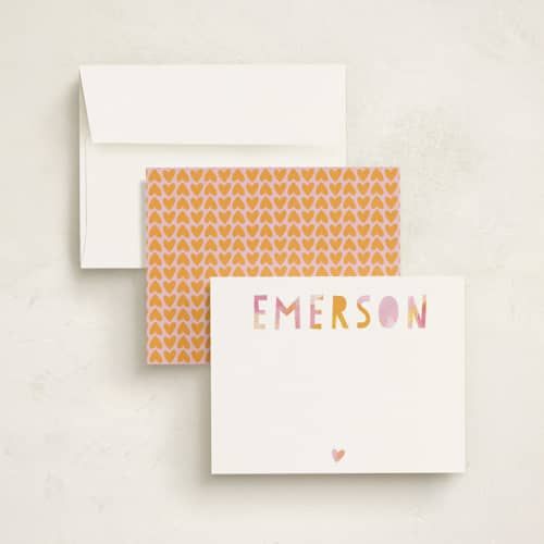 This is a tangerine kids thank you cards notes with standard by Melanie Severin called painted name printing on signature in standard