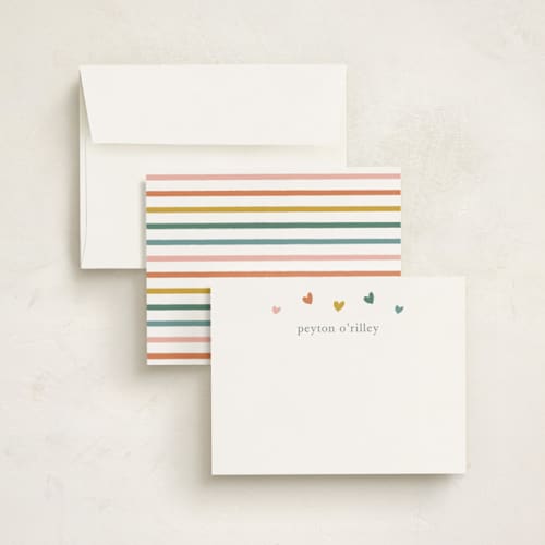 This is a rainbow kids thank you cards notes with standard by Stacey Meacham called rainbow hearts printing on signature in standard