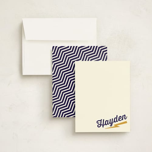 This is a navy kids thank you cards notes with standard by Rebecca Bowen called zeus printing on signature in standard