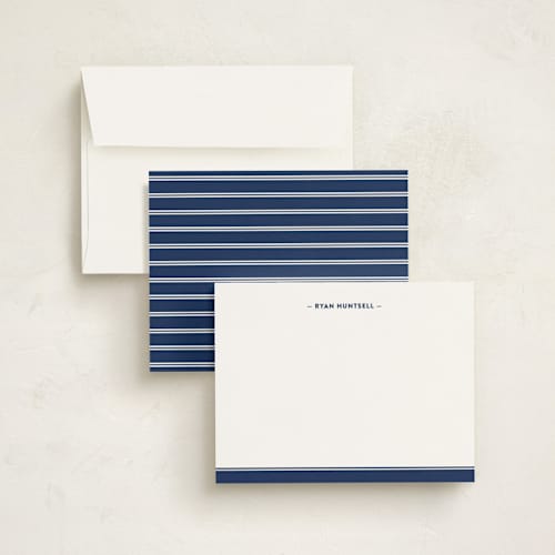 This is a navy kids thank you cards notes with standard by Ann Gardner called preppy stripe printing on signature in standard