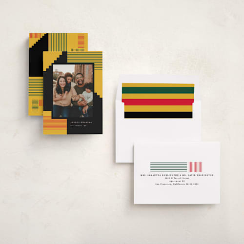 This is a mustard kwanzaa cards with standard by Creo Study called kwanzaa blocks printing on recycled smooth signature in standard
