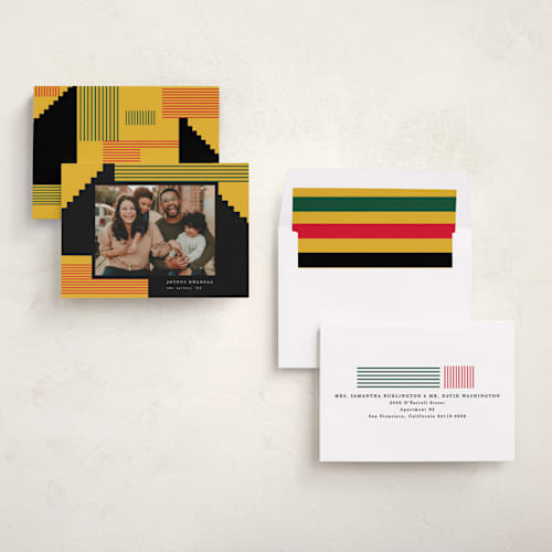 This is a mustard kwanzaa cards with standard by Creo Study called kwanzaa blocks printing on recycled smooth signature in standard