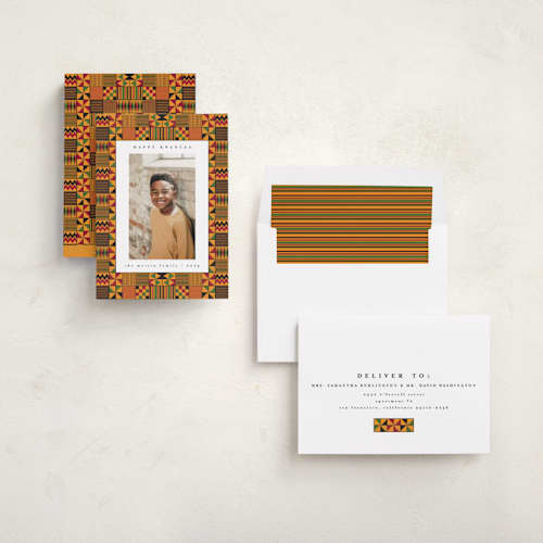 This is a pumpkin kwanzaa cards with standard by Anastasia Makarova called kente printing on recycled smooth signature in standard