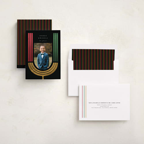 This is a charcoal kwanzaa cards with standard by Grae called rustic kinara printing on recycled smooth signature in standard