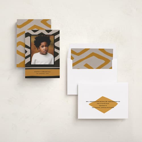 This is a ochre kwanzaa cards with standard by Sumak Studio called bold pattern printing on recycled smooth signature in standard