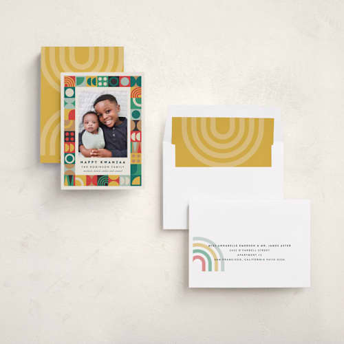 This is a sunset kwanzaa cards with standard by Maria Alou called modern kwanzaa printing on recycled smooth signature in standard