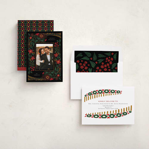 This is a rose kwanzaa cards with standard by Grae called festive flora printing on recycled smooth signature in standard