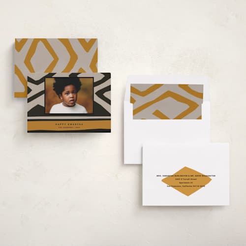 This is a ochre kwanzaa cards with standard by Sumak Studio called bold pattern printing on signature in standard