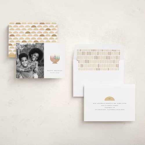 This is a linen kwanzaa cards with standard by Robert and Stella called mod candles printing on recycled smooth signature in standard
