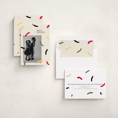 This is a cream kwanzaa cards with standard by Iveta Angelova called abstract confetti printing on recycled smooth signature in standard