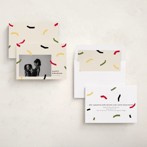 This is a cream kwanzaa cards with standard by Iveta Angelova called abstract confetti printing on recycled smooth signature in standard