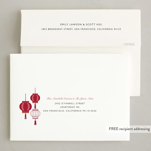 This is a moon chinese new year cards with foil pressed by Sejal Banker called goodluck lanterns printing on recycled smooth signature in standard