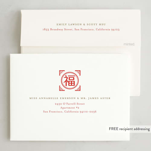 This is a scarlet chinese new year cards with foil pressed by Yaling Hou Suzuki called luck printing on recycled smooth signature in standard