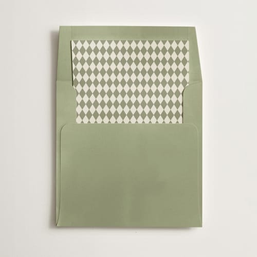 This is a seafoam wedding envelopes with standard by Minted called green harlequin printing on signature in liner