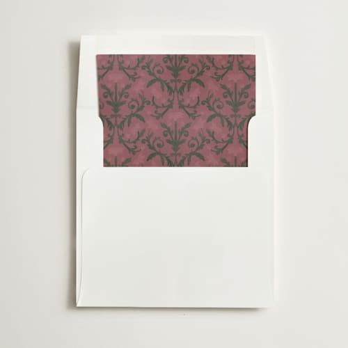 This is a burgundy wedding envelopes with standard by Jen Owens called grandeur printing on signature in liner