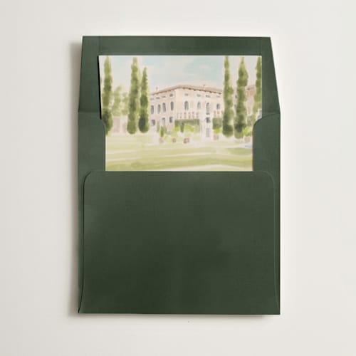 This is a celadon wedding envelopes with standard by Pati Cascino called giardino printing on signature in liner