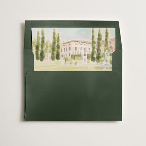 This is a celadon wedding envelopes with standard by Pati Cascino called giardino printing on signature in liner