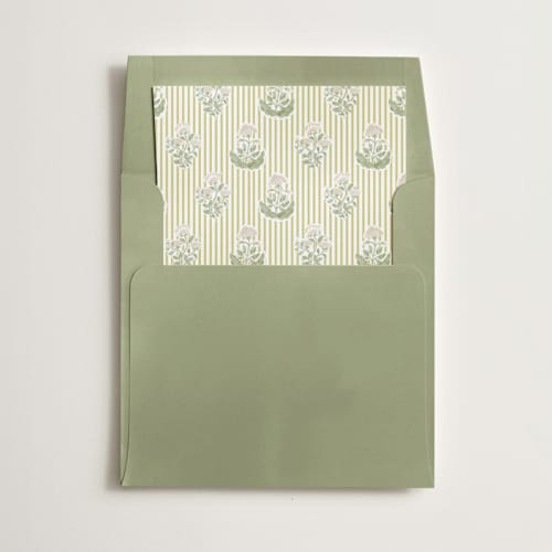 This is a chartruese wedding envelopes with standard by Creo Study called patterned florals printing on signature in liner