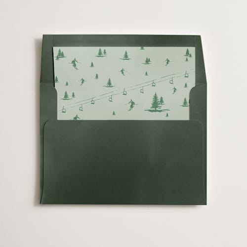 This is a sage wedding envelopes with standard by Jen Ramsey called ski time printing on signature in liner