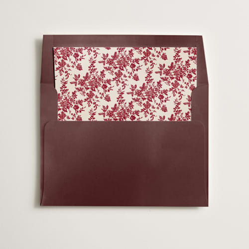 This is a cranberry wedding envelopes with standard by Jenna Holcomb called red merry floral toile printing on signature in liner
