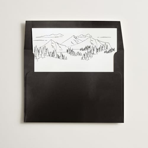 This is a snow wedding envelopes with standard by Sarah Brown called peaks printing on signature in liner