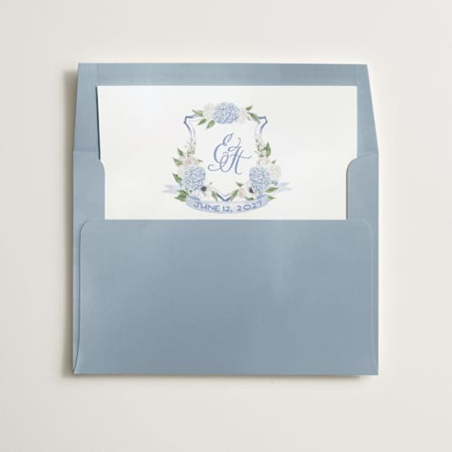 This is a periwinkle wedding envelopes with standard by Design Lotus called sweethearts printing on signature in liner