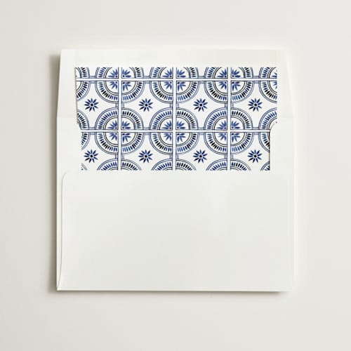 This is a cobalt wedding envelopes with standard by Katharine Watson called watercolor tile printing on signature in liner