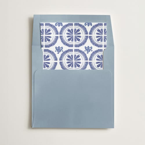 This is a azure wedding envelopes with standard by Lagniappe Paper called talavera printing on signature in liner