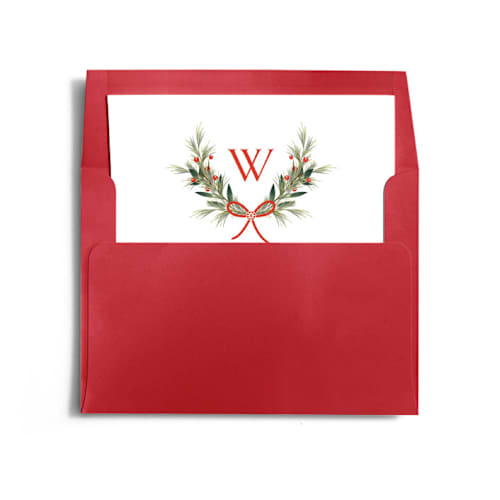 This is a cardinal wedding envelopes with standard by Melanie Kosuge called monogram wreath printing on signature in liner