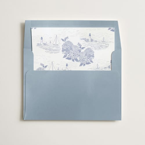 This is a periwinkle wedding envelopes with standard by Jenna Holcomb called coastal toile printing on signature in liner
