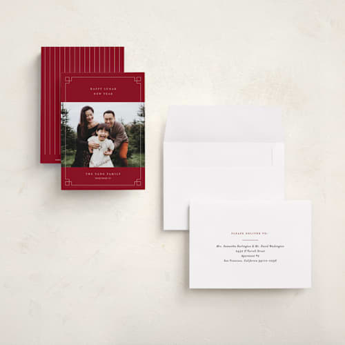 This is a cranberry chinese new year cards with standard by Pixel and Hank called happy lunar new year printing on recycled smooth signature in petite