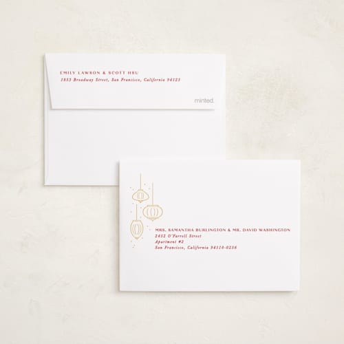 This is a scarlet chinese new year cards with standard by Creo Study called festive lanterns printing on recycled smooth signature in petite