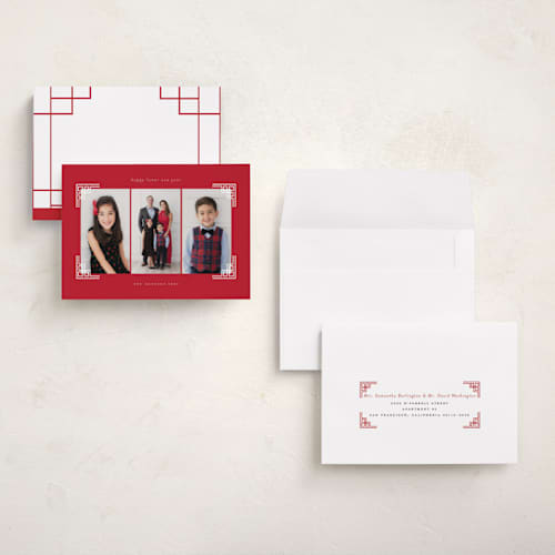 This is a crimson chinese new year cards with standard by Sejal Banker called gilded corners printing on recycled smooth signature in petite
