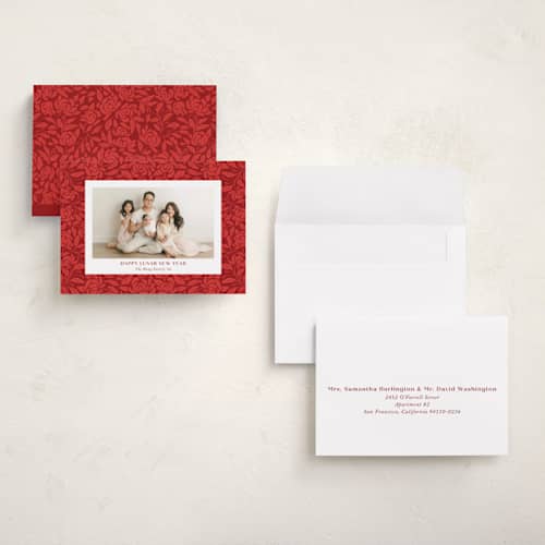 This is a cherry chinese new year cards with standard by Yaling Hou Suzuki called chinese textile printing on recycled smooth signature in petite