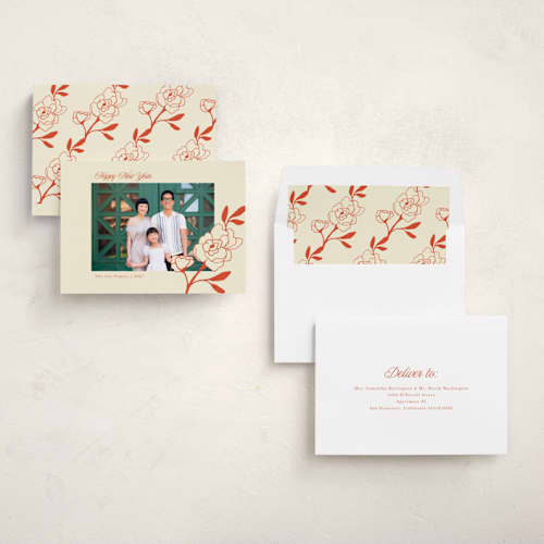 This is a rice paper chinese new year cards with standard by Morgan Kendall called chinese peony printing on recycled smooth signature in standard