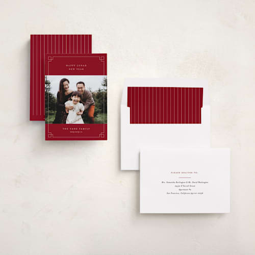 This is a cranberry chinese new year cards with standard by Pixel and Hank called happy lunar new year printing on recycled smooth signature in standard