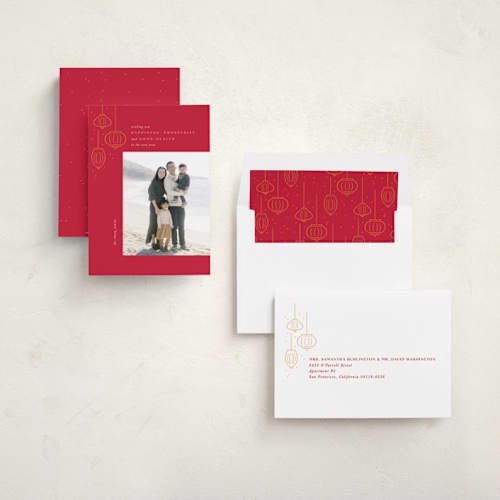 This is a scarlet chinese new year cards with standard by Creo Study called festive lanterns printing on recycled smooth signature in standard