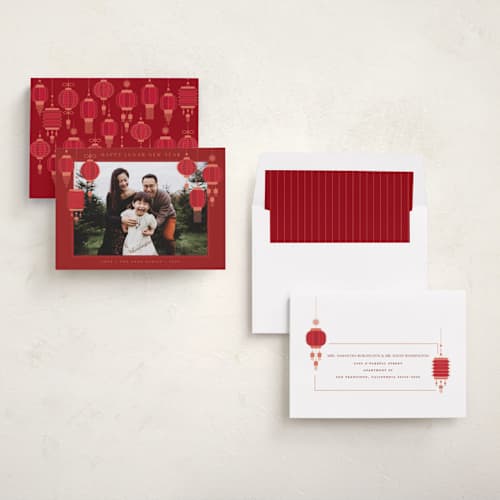 This is a pomegranate chinese new year cards with standard by Jennifer Lew called lanterns printing on recycled smooth signature in standard