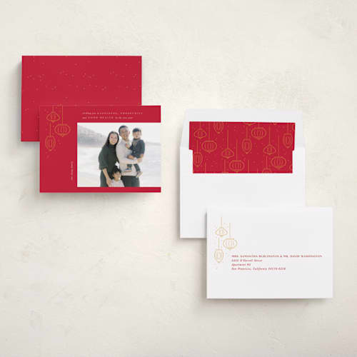 This is a scarlet chinese new year cards with standard by Creo Study called festive lanterns printing on recycled smooth signature in standard