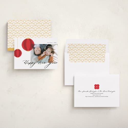 This is a noir chinese new year cards with standard by Morgan Kendall called lanterns printing on recycled smooth signature in standard