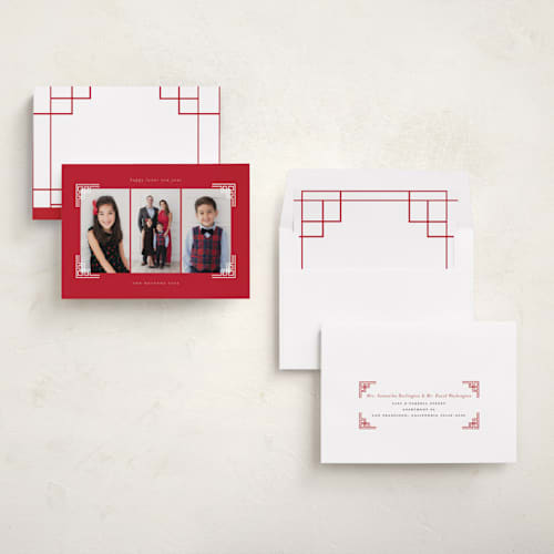 This is a crimson chinese new year cards with standard by Sejal Banker called gilded corners printing on recycled smooth signature in standard