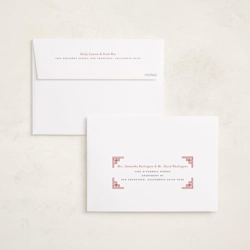 This is a crimson chinese new year cards with standard by Sejal Banker called gilded corners printing on recycled smooth signature in standard