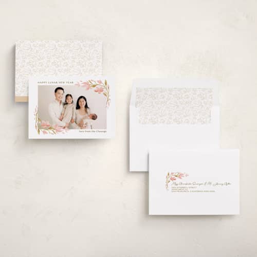 This is a blossom chinese new year cards with standard by curiouszhi called spring magnolia frame printing on recycled smooth signature in standard