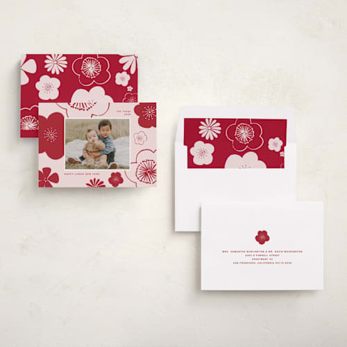This is a blossom chinese new year cards with standard by Sumak Studio called lunar flowers printing on recycled smooth signature in standard