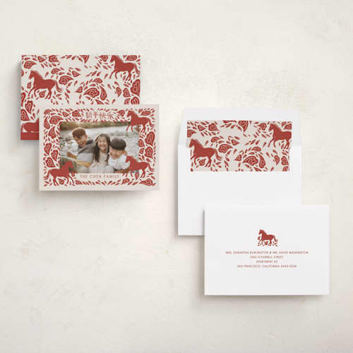 This is a crimson chinese new year cards with standard by Katharine Watson called papercut horse printing on recycled smooth signature in standard
