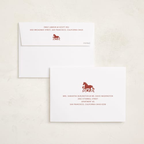 This is a crimson chinese new year cards with standard by Katharine Watson called papercut horse printing on recycled smooth signature in standard
